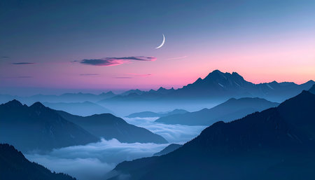 A crescent moon is set against a pink and purple twilight sky over mountains and fog.の素材