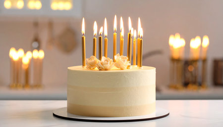 A cream birthday cake with golden candles and frosting roses in a softly lit kitchen.の素材
