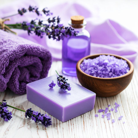 Lavender spa products including oil, bath salts, soap, lavender sprigs, and towel on white woodの素材