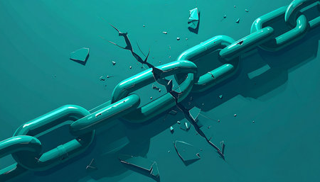 A teal chain with multiple broken links, showing cracks and scattered fragments on teal.の素材