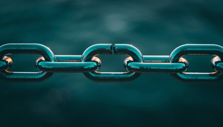 Iron showing close-up of a broken metal chain link with dark teal background keywords: chain, metal, broken,...の素材