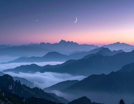 A crescent moon and star are visible in a colorful twilight sky over mountains. Clear details and vibrant col...の素材