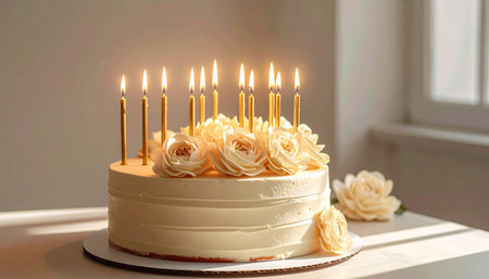 A cream birthday cake with golden candles and cream roses, bathed in soft light. Clear details and vibrant co...の素材