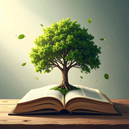 A green tree grows from an open book on a wooden table with falling leaves. Clear details and vibrant colors ...の素材