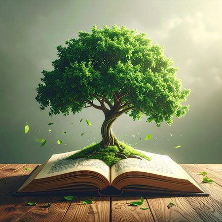 A green tree grows from an open book on a wooden table with scattered leaves. Clear details and vibrant color...の素材