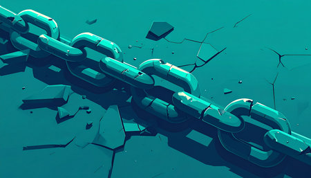 A detailed view of a teal chain with several broken links and fragments on a teal surface.の素材