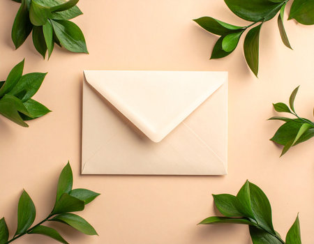 A cream envelope is framed by vibrant green leaves on a peach colored background.の素材