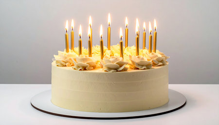 A round, cream-layered cake adorned with golden candles and swirled frosting roses.の素材