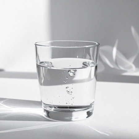 Clear water with small bubbles fills a simple glass, with light casting shadows on the surface.の素材