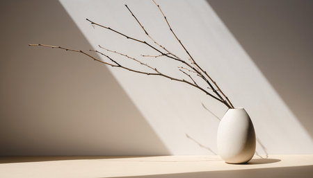 Dry branches in a white vase cast long shadows on a wall in a minimalist setting.の素材
