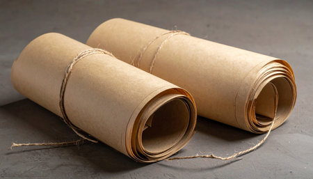 Two rolled brown paper scrolls are tied with twine on a textured surface. Clear details and vibrant colors en...の素材