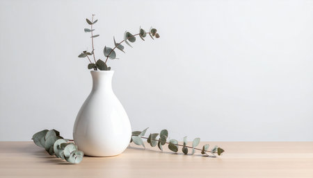A white ceramic vase with eucalyptus branches and leaves on a wooden table. Clear details and vibrant colors ...の素材