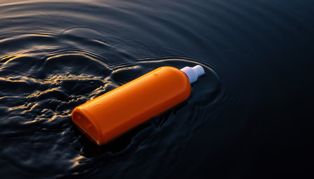 An orange sunscreen bottle floats on dark, rippling water reflecting sunset light.の素材