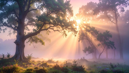 Golden sun rays pierce through foggy forest trees, creating a mystical and serene atmosphere.の素材
