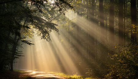 Golden sunbeams stream through trees onto a forest path, creating a peaceful morning scene.の素材