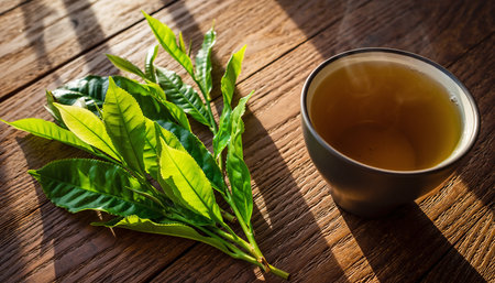 Fresh green tea leaves beside a steaming cup of tea on a wooden table Clear details and vibrant colors enhanc...の素材