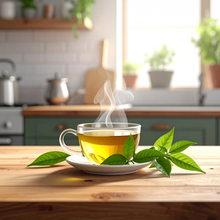 A steaming cup of green tea with fresh leaves sits on a wooden table in a kitchen.の素材