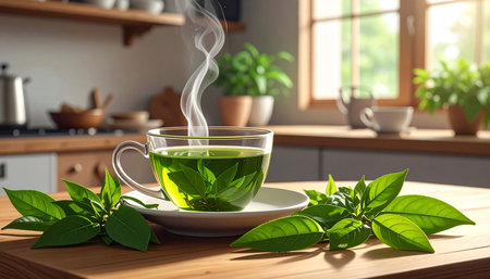 A glass cup of green tea with steam, surrounded by fresh green leaves and dried tea on a wooden surface.の素材