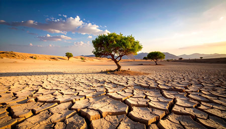 Cracked dry earth stretches towards a lone tree under a dramatic sky with clouds at sunset.の素材