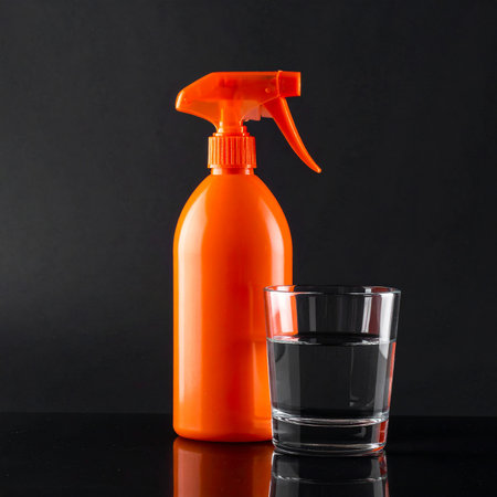 An orange spray bottle stands next to a clear glass filled with water on a dark reflective surface.の素材