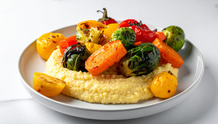 A white plate with creamy polenta topped with roasted Brussels sprouts, carrots, and bell peppers.の素材