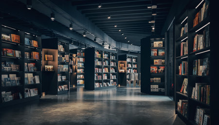 Interior view of a modern bookstore with dark shelves filled with books. Clear details and vibrant colors enh...の素材