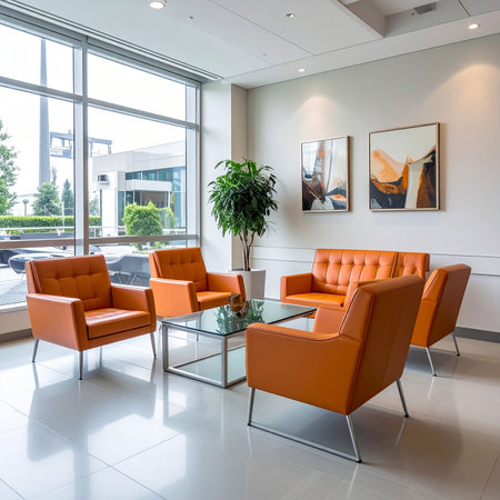 Orange leather armchairs and sofa with a glass coffee table in a bright office lobby.の素材