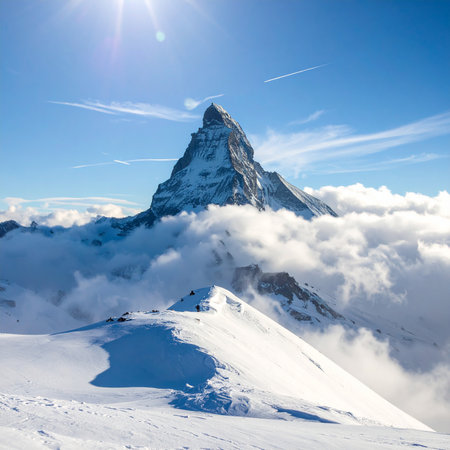 The Matterhorn mountain peak rises above clouds under a bright blue sky with sun rays and contrails.の素材