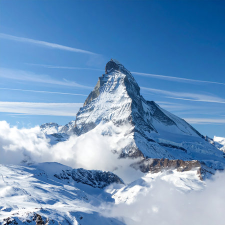 The snow-covered Matterhorn mountain peak emerges from clouds against a blue sky with wispy clouds.の素材