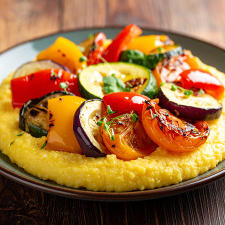 A plate of polenta topped with colorful grilled vegetables including peppers, zucchini, and eggplant.の素材