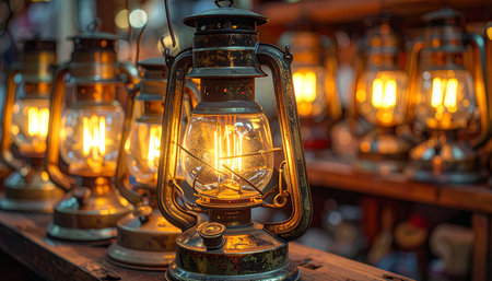 An antique kerosene lantern with a glowing filament bulb on a wooden shelf. Clear details and vibrant colors ...の素材
