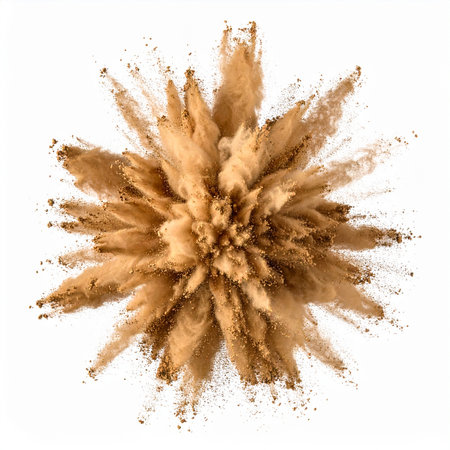 Brown powder explosion frozen in time against a white background Clear details and vibrant colors enhance vis...の素材
