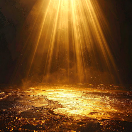 A textured golden ground is illuminated by dramatic golden light rays and floating particles.の素材