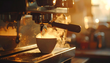 Espresso machine brewing hot coffee into a cup with steam rising in warm light Clear details and vibrant colo...の素材