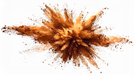 Brown powder explosion frozen in time against a white background Clear details and vibrant colors enhance vis...の素材