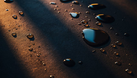Macro view of water droplets on a dark textured surface with dramatic sunlight and shadows.の素材