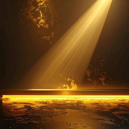 A golden illuminated platform is lit by a single dramatic light ray against a textured wall.の素材