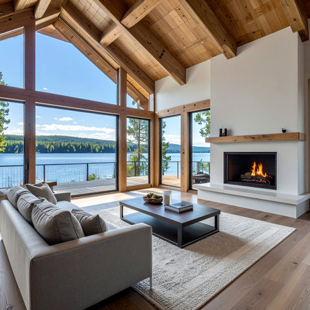 Airy living room with a wooden ceiling and large windows showcasing a lake view. Clear details and vibrant co...の素材
