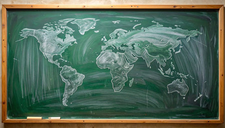 A world map is drawn in chalk on a green chalkboard with a wooden frame. Clear details and vibrant colors enh...の素材
