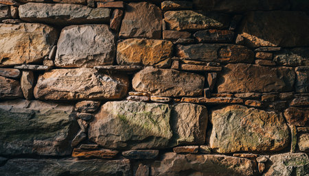 A detailed close-up of a rustic stone wall showing its rough texture and natural colors.の素材