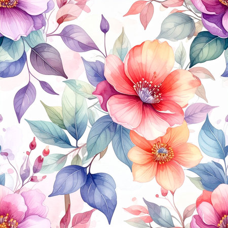 Watercolor floral pattern featuring pink orange and purple flowers with blue green leavesの素材
