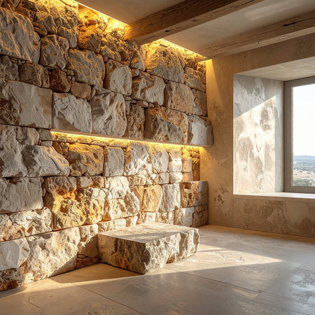 Wall showing stone wall interior with natural light and stone pedestal. High resolution image suitable for...の素材