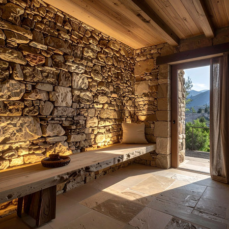 (377) showing rustic stone wall interior with wooden bench and mountain view. High resolution image suitable...の素材