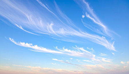 Streaks of wispy cirrus clouds flow across a clear blue sky. Clear details and vibrant colors enhance visual ...の素材