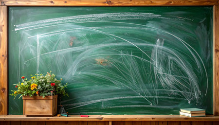A green chalkboard with a wooden frame, featuring a floral arrangement, books, and chalk smudges.の素材
