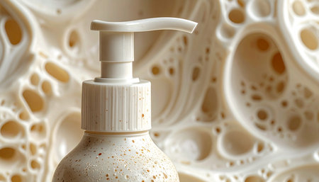 Macro shot of a speckled beige soap dispenser with a white pump mechanism Clear details and vibrant colors en...の素材