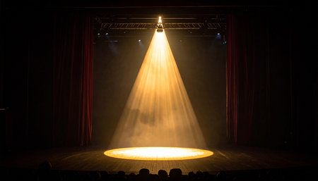 A single spotlight illuminates a smoky stage with red curtains and a wooden floor.の素材