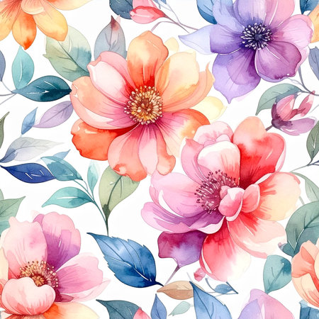 Watercolor floral seamless pattern with vibrant pink orange and purple flowers and leavesの素材