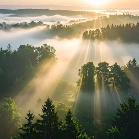 Ethereal sunbeams break through morning mist in a lush green forest landscape. Clear details and vibrant colo...の素材