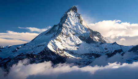 The Matterhorn mountain peak is bathed in sunlight, emerging from swirling clouds.の素材
